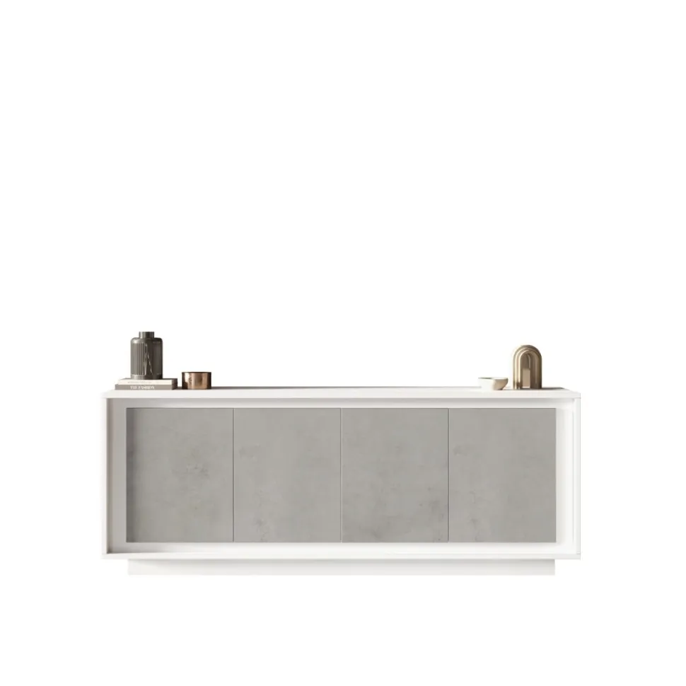 Madia 4 ante battenti linea Beton in bianco laccato opaco e pannelli effetto beton
