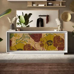 Madia 4 ante battenti linea Pear in finitura Bianco opaco e Rovere Cadiz con grafica