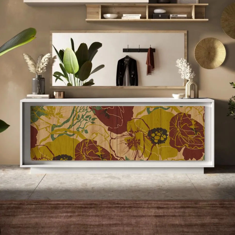 Madia 4 ante battenti linea Pear in finitura Bianco opaco e Rovere Cadiz con grafica