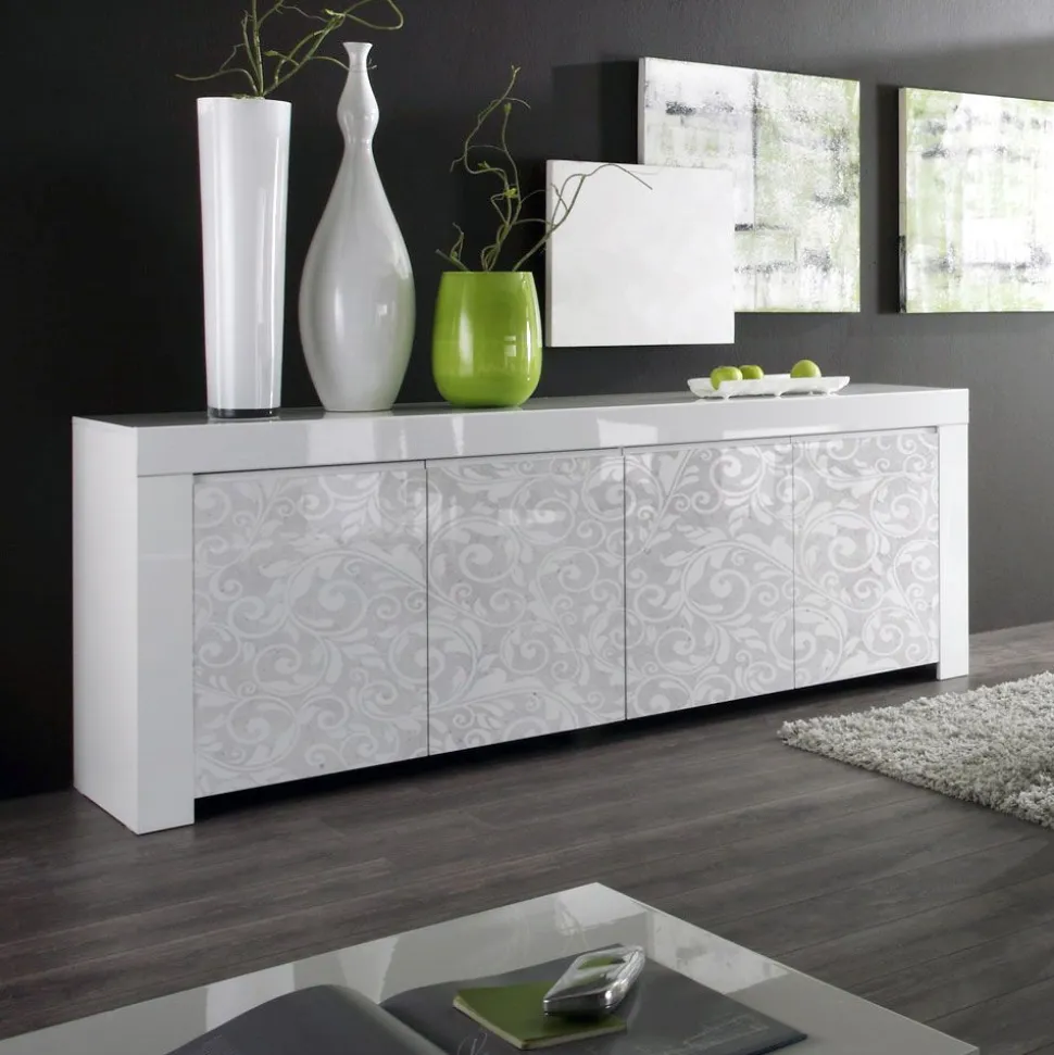 Madia 4 ante, bianco lucido con serigrafia flower