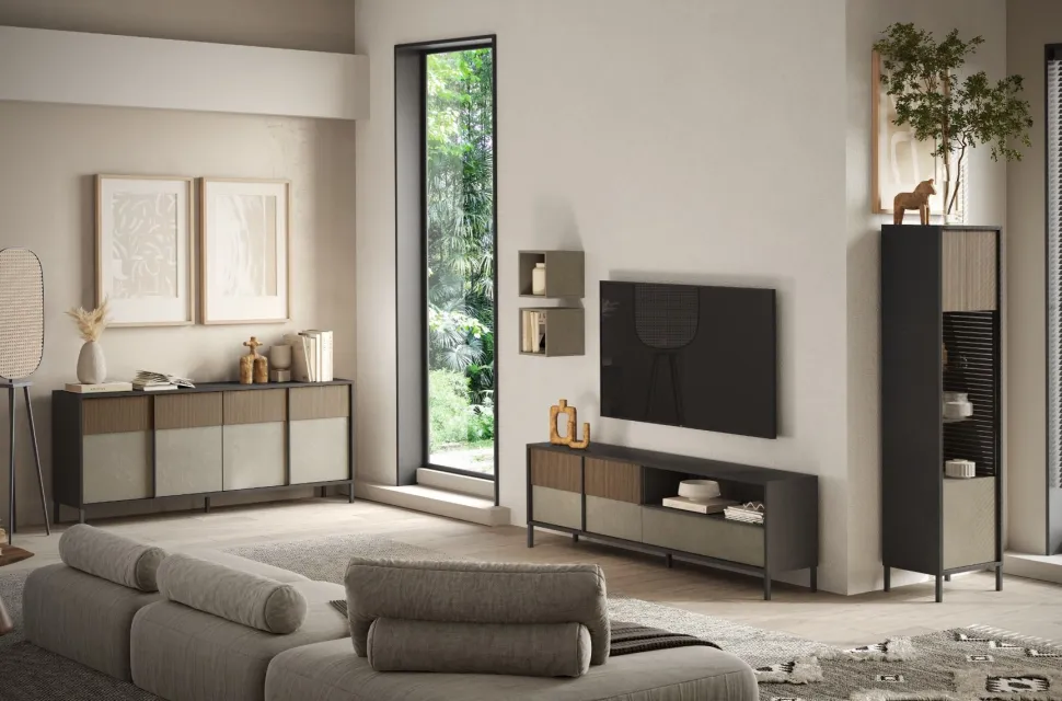 Madia 4 ante con serigrafia linea Sierra finitura Lava, Argilla e Rovere Mercure