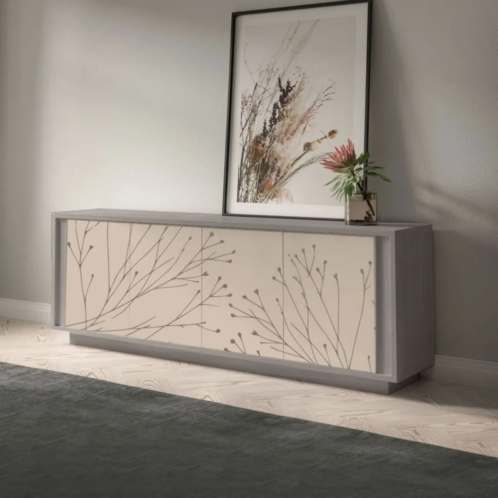 Madia 4 ante Creta opaco e Cenere Wood con fiori serigrafati modello SKYLINE