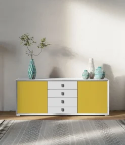Madia 2 ante e 4 cassetti Bianco Opaco e Giallo miele linea Tilt