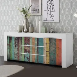 Madia 2 ante e 3 cassetti linea Clear Fancy in Bianco Opaco con grafica legno wood