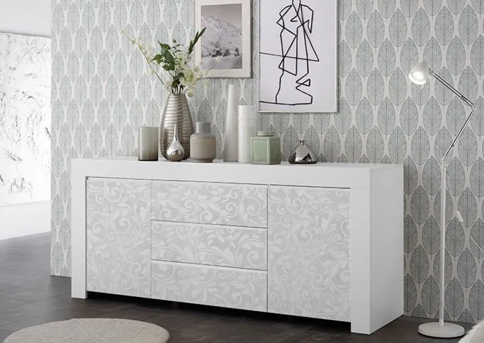 Madia 2 ante e 3 cassetti linea Clear Fancy in Bianco Opaco flower