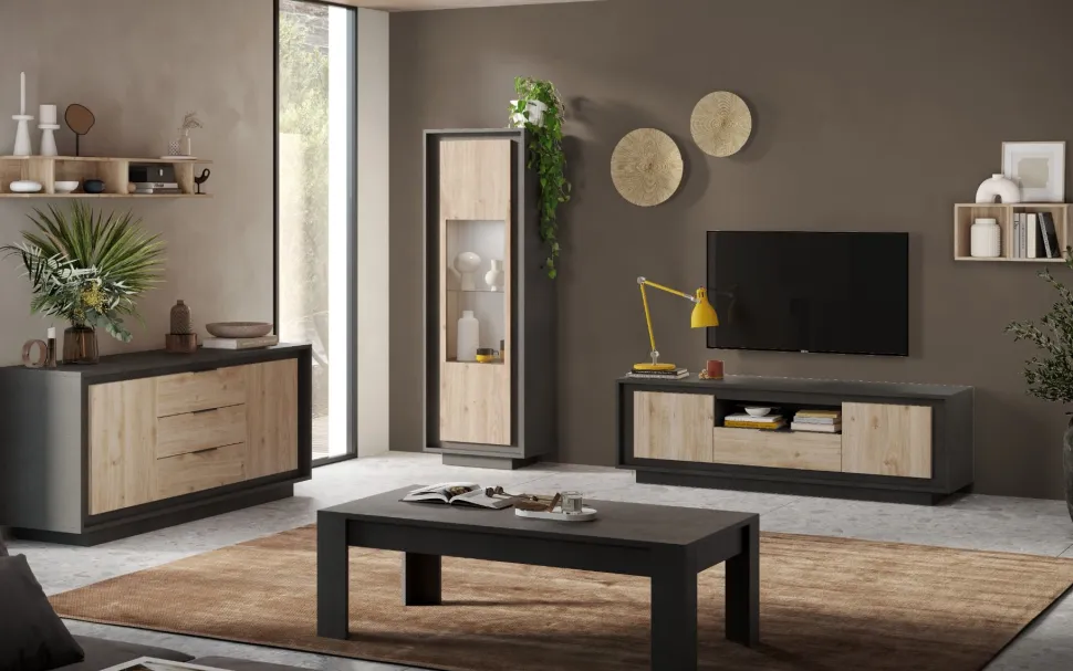 Madia 2 ante e 3 cassetti linea Natural in finitura Lava e Rovere Cadiz