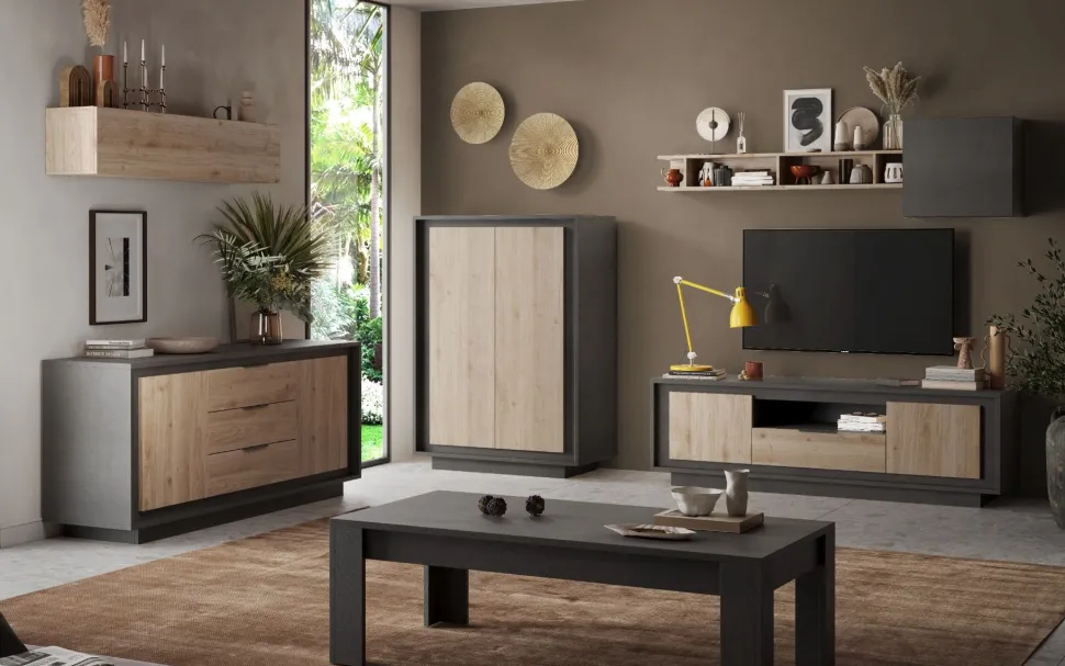 Madia 2 ante e 3 cassetti linea Natural in finitura Lava e Rovere Cadiz