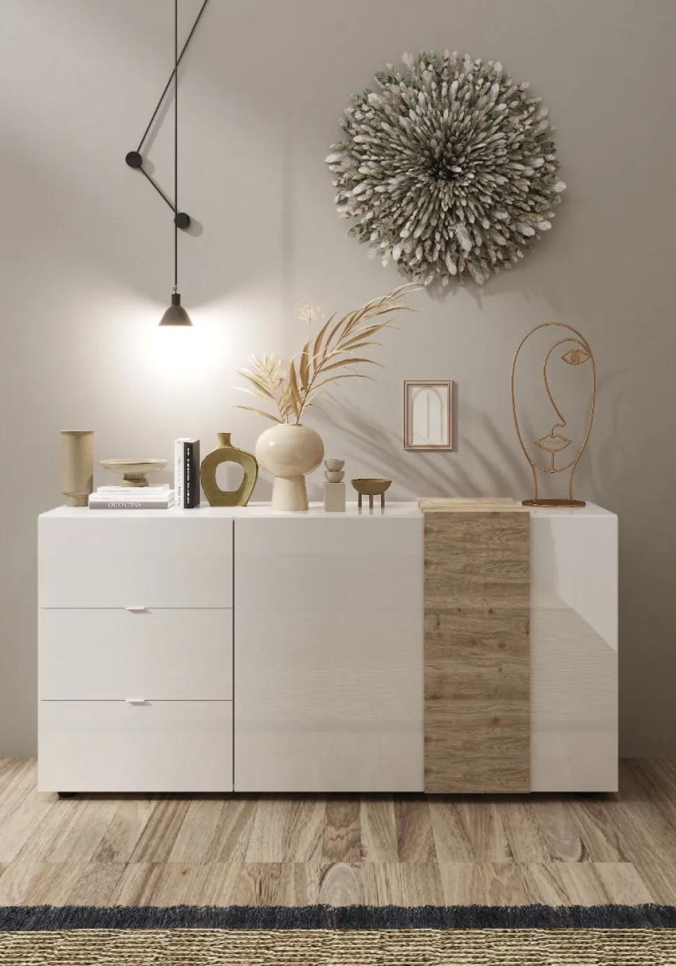 Madia 2 ante e 3 cassetti linea Olimpo finitura Bianco Lucido e Rovere Kadiz