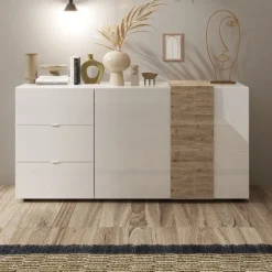 Madia 2 ante e 3 cassetti linea Olimpo finitura Bianco Lucido e Rovere Kadiz