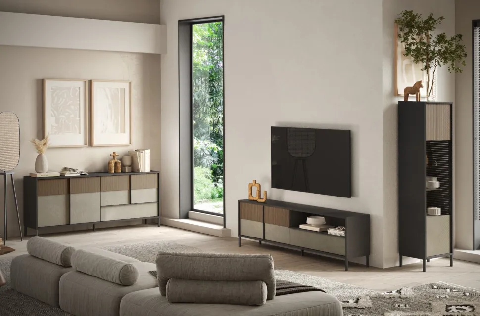 Madia 4 ante e 1 cassetto con serigrafia linea Sierra finitura Lava, Argilla e Rovere Mercure