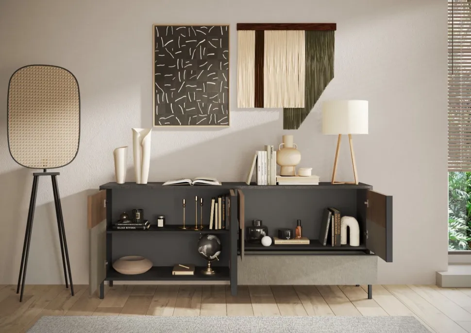 Madia 4 ante e 1 cassetto con serigrafia linea Sierra finitura Lava, Argilla e Rovere Mercure
