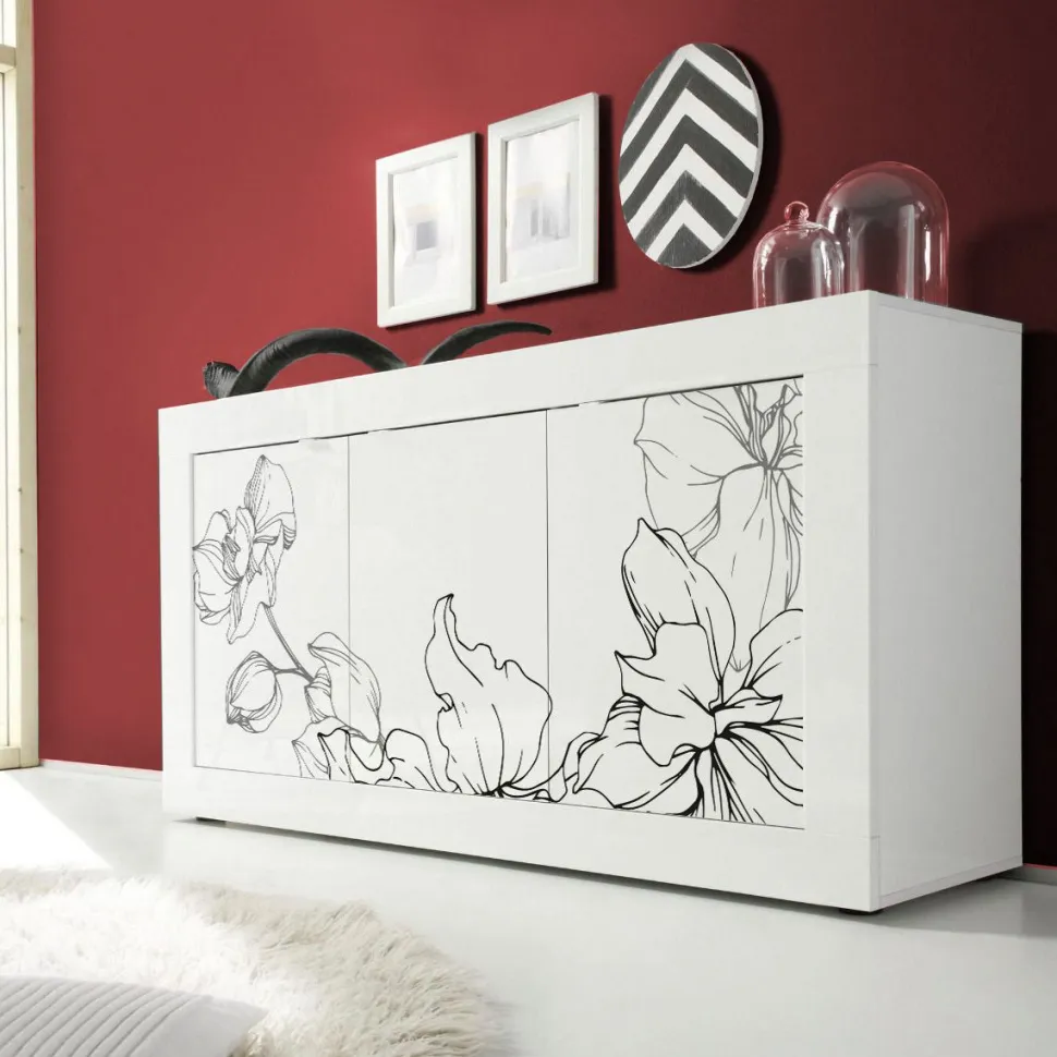 Madia 3 ante Linea Fancy finitura Bianco lucido con Serigrafia floreale