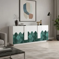 Madia 3 ante linea Sax in finitura Bianco Lucido con serigrafia verde
