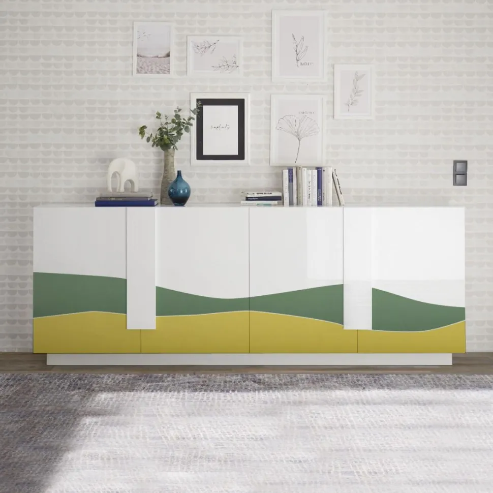 Madia 4 ante linea Sax in finitura Bianco Lucido con serigrafia onde