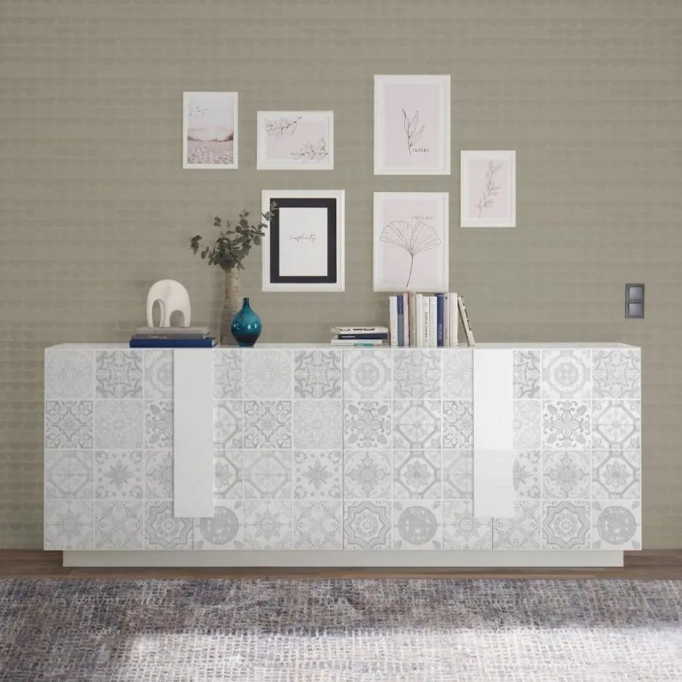 Madia 4 ante linea Sax in finitura Bianco Lucido con serigrafia