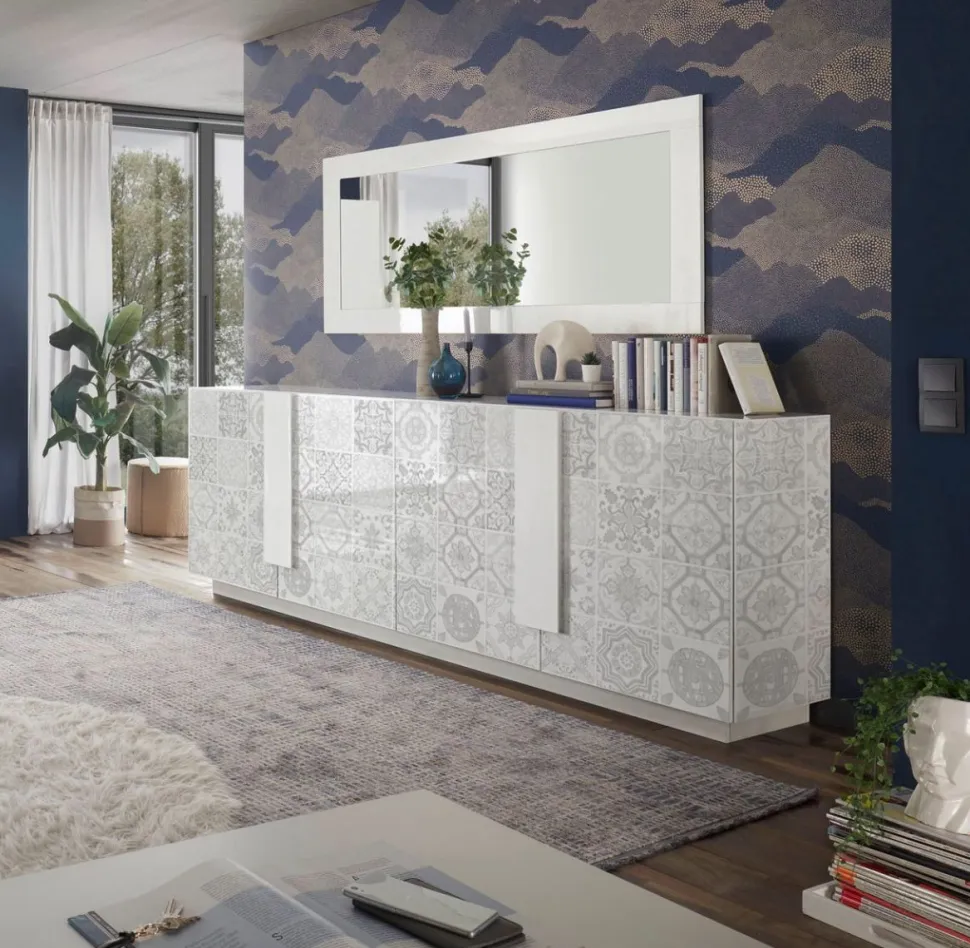 Madia 4 ante linea Sax in finitura Bianco Lucido con serigrafia