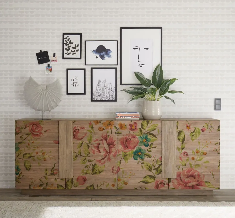 Madia 4 ante linea Sax in finitura Rovere Mercure con grafica floreale