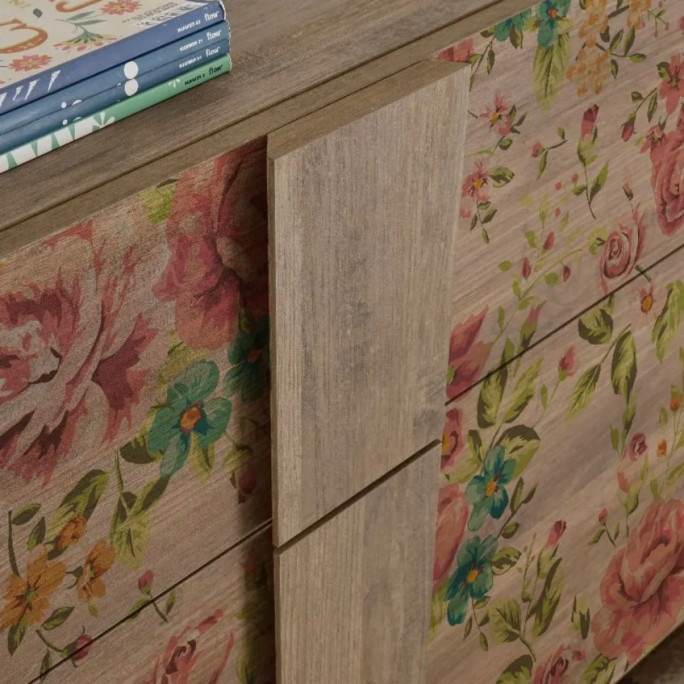 Madia 4 ante linea Sax in finitura Rovere Mercure con grafica floreale