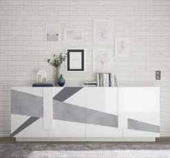 Madia 4 ante linea Sax in finitura Bianco Lucido con serigrafia cemento