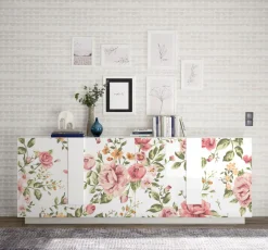 Madia 4 ante linea Sax in finitura Bianco Lucido con serigrafia floreale