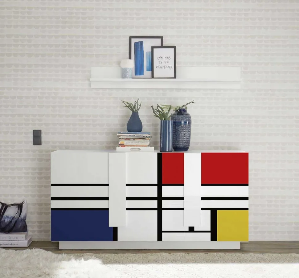 Madia 3 ante linea Sax in finitura Bianco Lucido con serigrafia Mondrian
