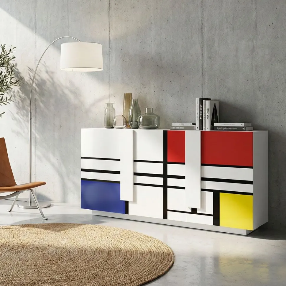Madia 3 ante linea Sax in finitura Bianco Lucido con serigrafia Mondrian