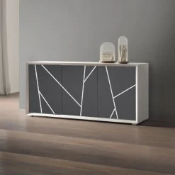 Madia 3 ante linea Tilt in finitura bianco opaco e pietra con serigrafia