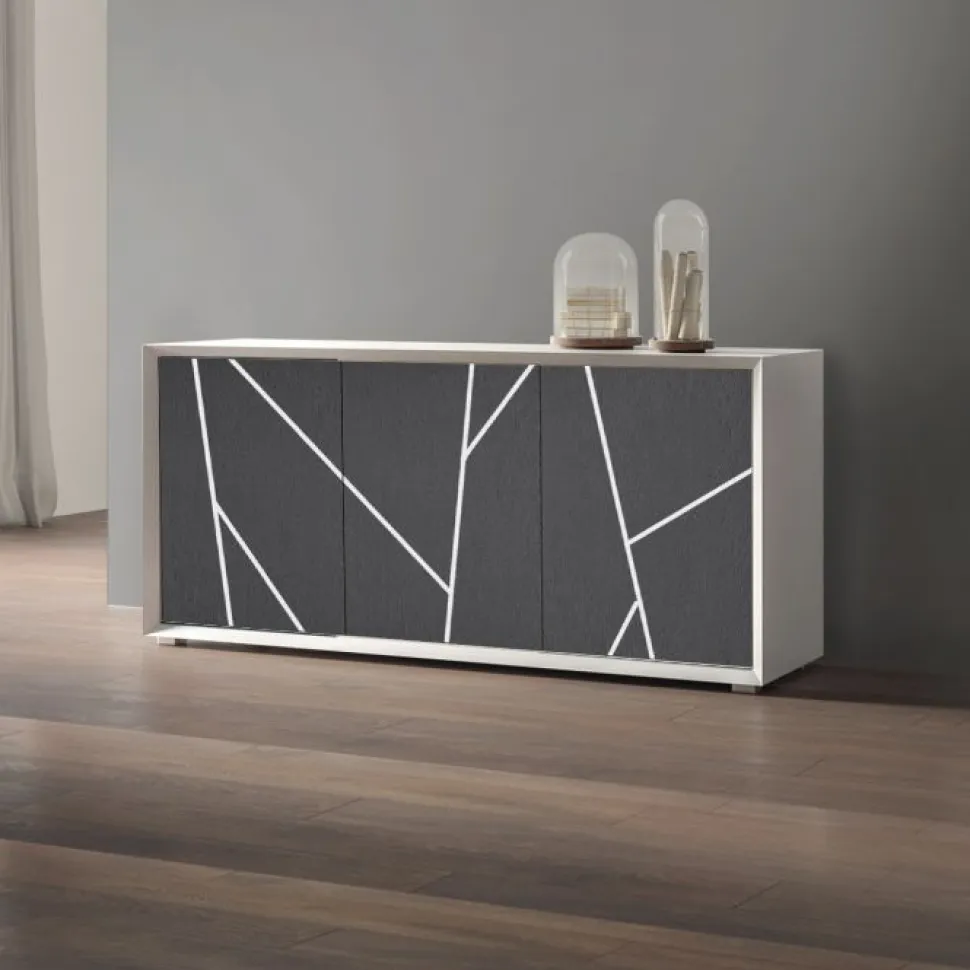 Madia 3 ante linea Tilt in finitura bianco opaco e pietra con serigrafia