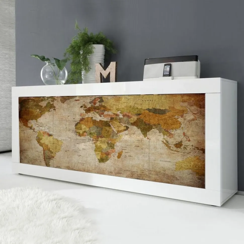Madia 4 ante Planisfero Linea Fancy finitura Bianco lucido con Serigrafia