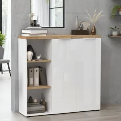 Madia Bassa Linea Easy in Bianco Lucido e Rovere Cadiz a 2 ante e vani a giorno