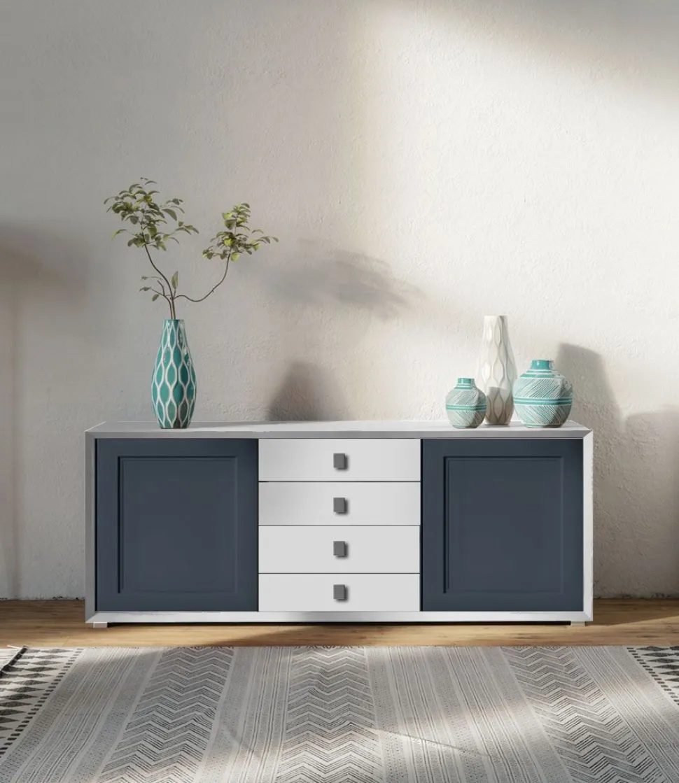Madia Bianco Opaco e Blu Navy 2 ante e 4 cassetti linea Tilt CLASSIC