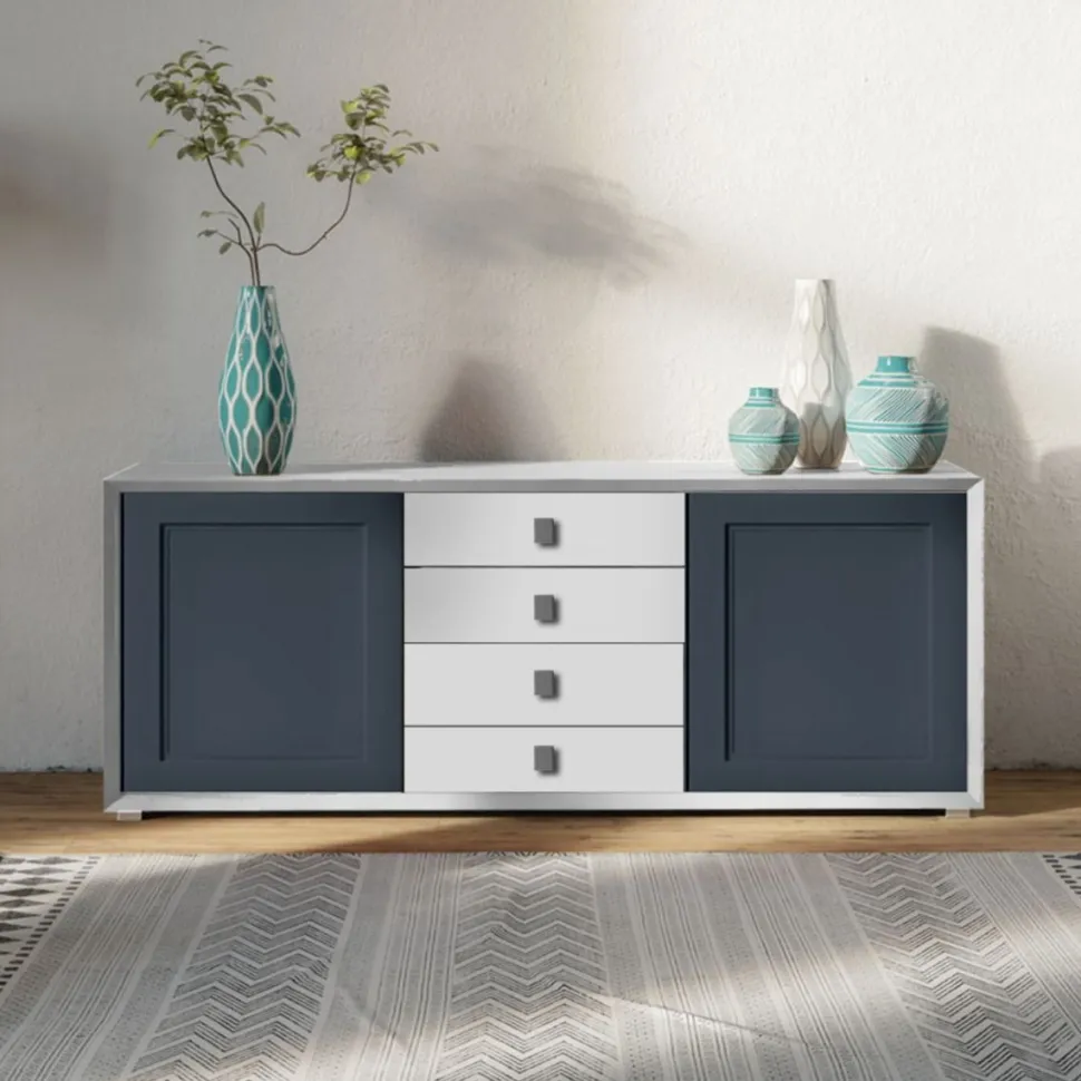 Madia Bianco Opaco e Blu Navy 2 ante e 4 cassetti linea Tilt CLASSIC