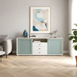 Madia Bianco opaco e verde Bristol 2 ante e 3 cassetti senza maniglia linea Tilt CLASSIC struttura Cenere Wood