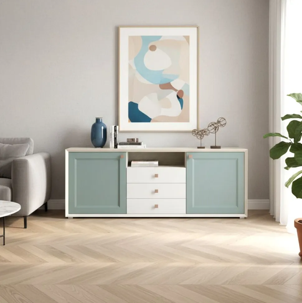Madia Bianco opaco e verde Bristol 2 ante e 3 cassetti senza maniglia linea Tilt CLASSIC struttura Cenere Wood