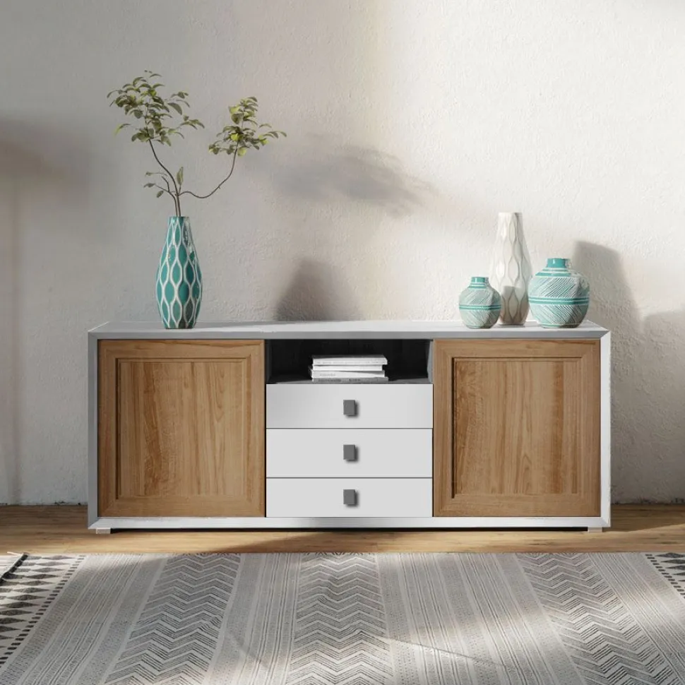 Madia Bianco opaco e verde Bristol 2 ante e 3 cassetti senza maniglia linea Tilt CLASSIC struttura Cenere Wood