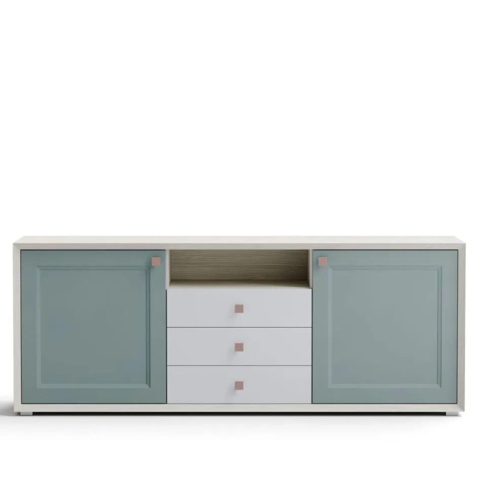 Madia Bianco opaco e verde Bristol 2 ante e 3 cassetti senza maniglia linea Tilt CLASSIC struttura Cenere Wood