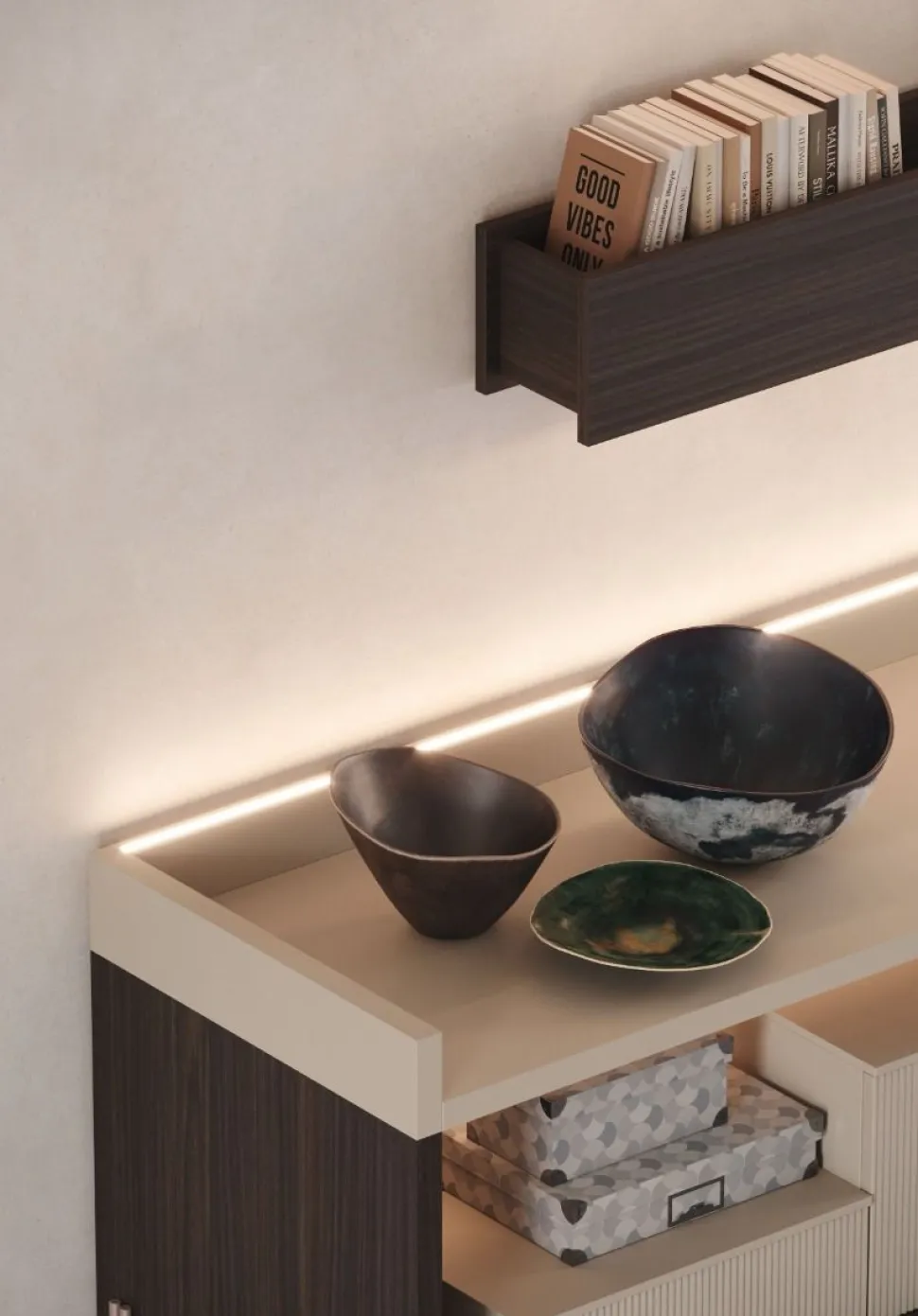 Madia componibile con frontali cannetè 1 anta e 3 cassetti linea Contact disponibile in 30 colori