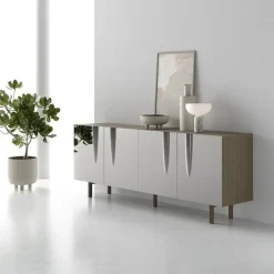 Madia con piedini e 4 ante in vetro specchio curvato Aura disponibile in vari colori
