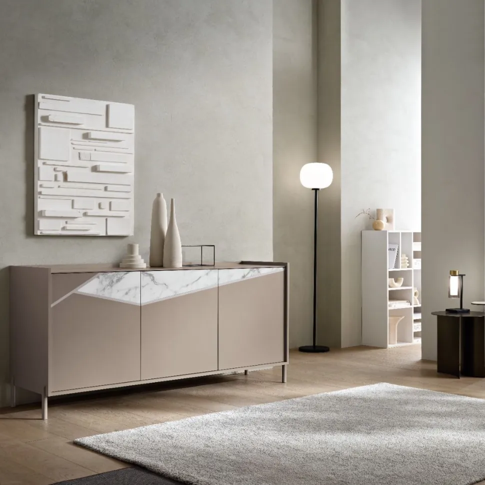 Madia di Design a 3 ante con inserto geometrico in vetro marmo senza maniglia Personalizzabile