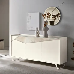 Madia di Design a 3 ante con inserto geometrico in vetro marmo senza maniglia Personalizzabile