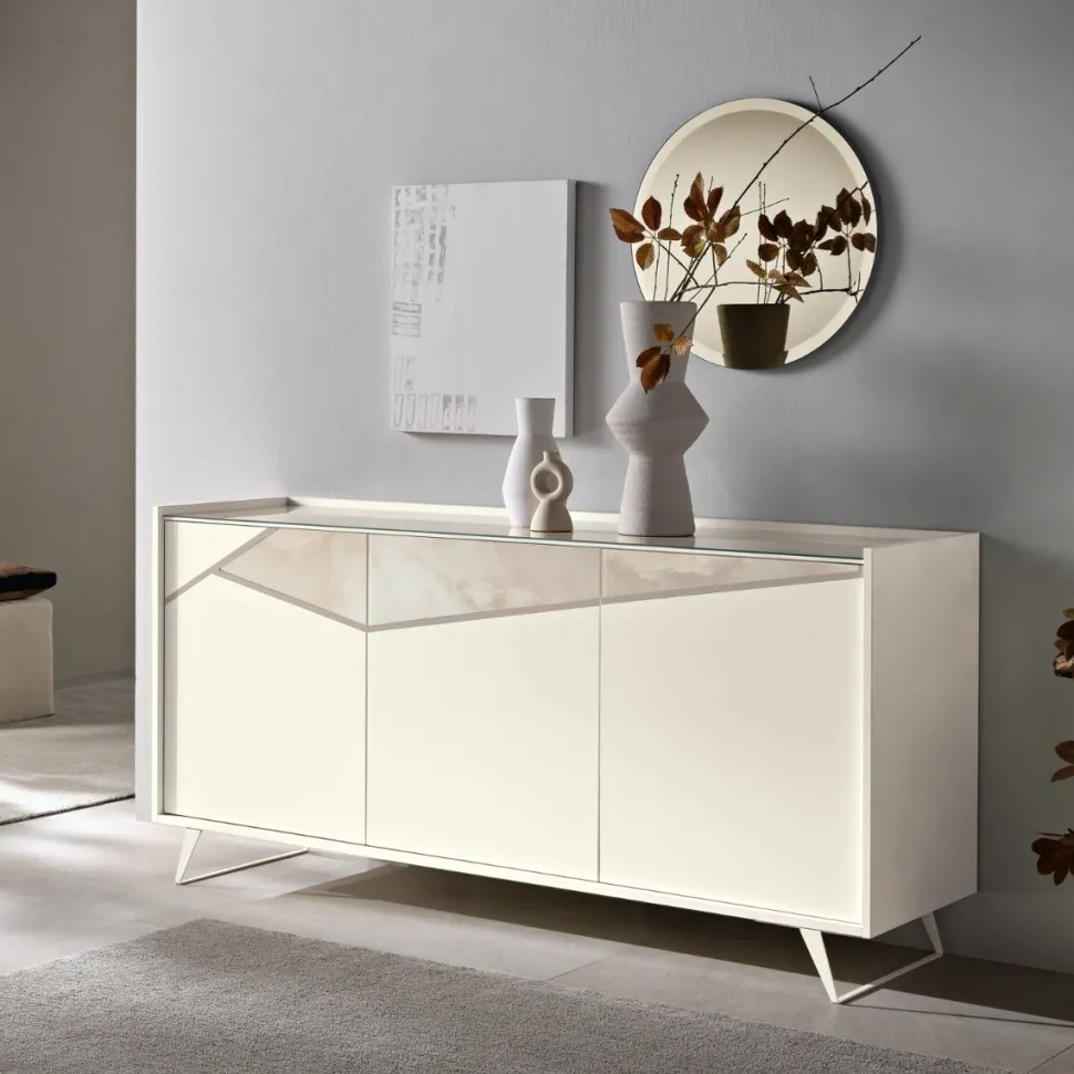 Madia di Design a 3 ante con inserto geometrico in vetro marmo senza maniglia Personalizzabile
