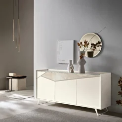 Madia di Design a 3 ante con inserto geometrico in vetro marmo senza maniglia Personalizzabile