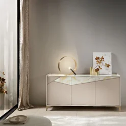 Madia di Design a 3 ante con inserto geometrico in vetro marmo senza maniglia Personalizzabile