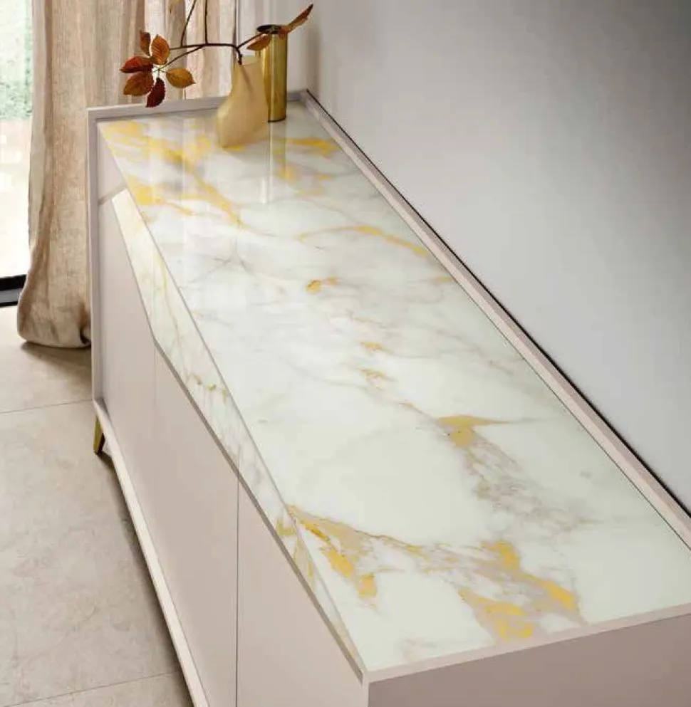 Madia di Design a 3 ante con inserto geometrico in vetro marmo senza maniglia Personalizzabile