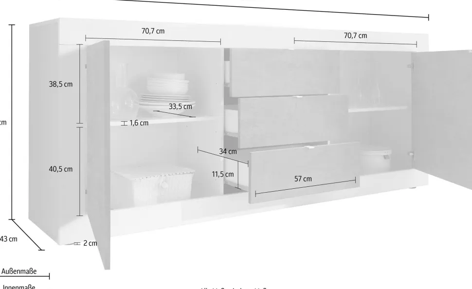 Madia linea Basic con 2 ante e 3 cassetti in finitura Bianco lucido e Beton