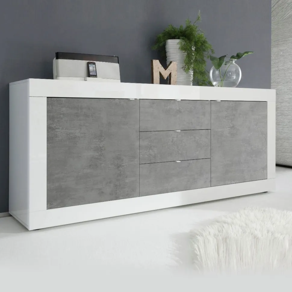 Madia linea Basic con 2 ante e 3 cassetti in finitura Bianco lucido e Beton
