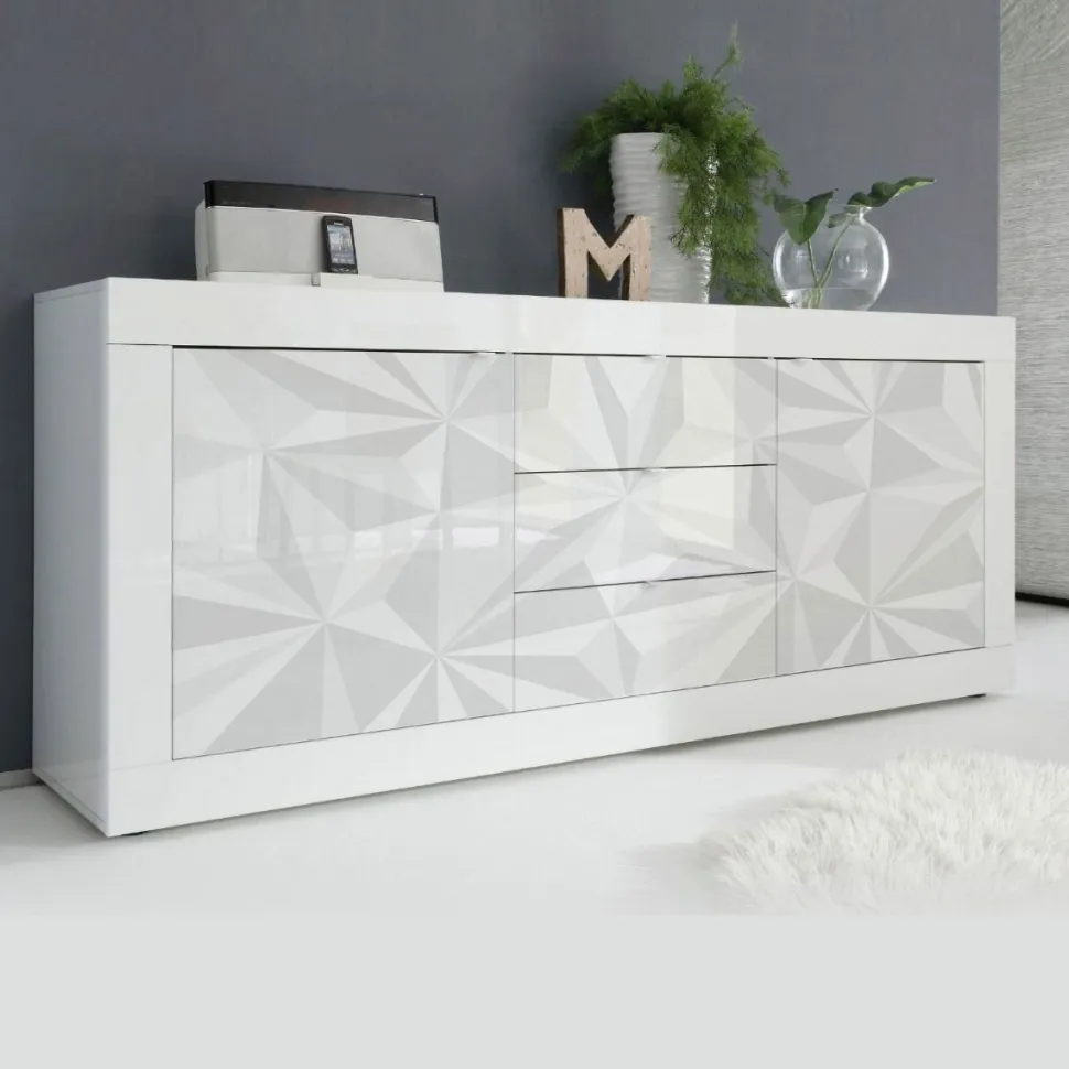 Madia linea Basic con 2 ante e 3 cassetti in finitura Bianco laccato lucido grafica PRISMA