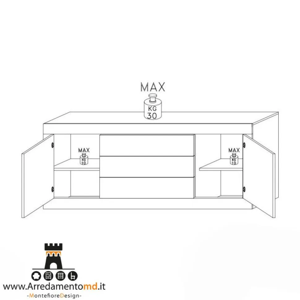 Madia linea Basic con 2 ante e 3 cassetti in finitura Bianco laccato lucido grafica PRISMA