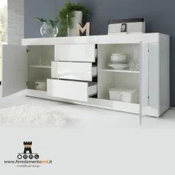 Madia linea Basic con 2 ante e 3 cassetti in finitura Bianco laccato lucido grafica PRISMA