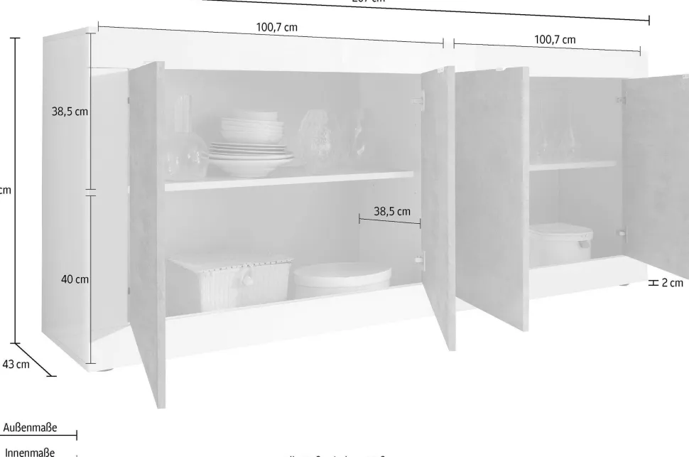 Madia linea Basic con 4 ante in finitura Bianco laccato lucido e Beton
